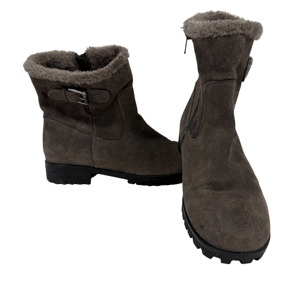 Baretraps Fairlee Boots Womens 9 M Grey Suede Faux Fur Buckle Ankle Winter Lug